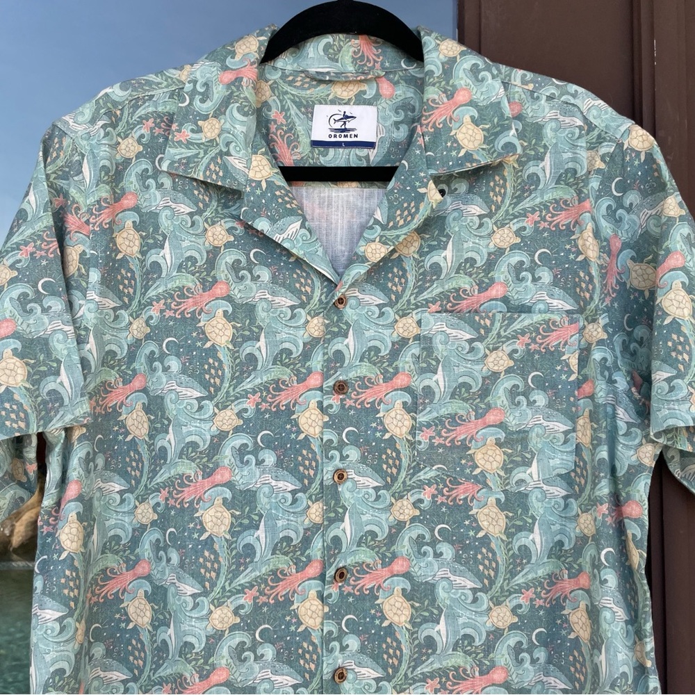 OROMEN * Undersea Oasis Linen Camp Shirt L